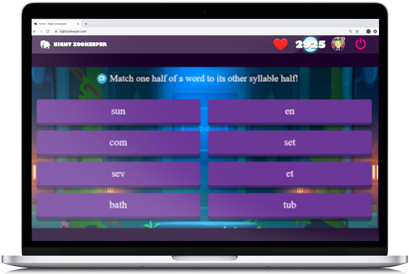 Syllable matching game on Nightzookeeper.com, displayed on laptop screen.