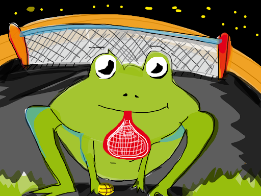 A frog holding a tennis racket