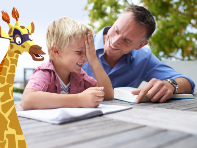 Child and parent giggling in front of notepad and pen, with Sam the giraffe.