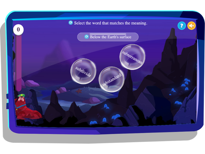 Deep Definitions, a challenge on Night Zookeeper, displayed on tablet screen.