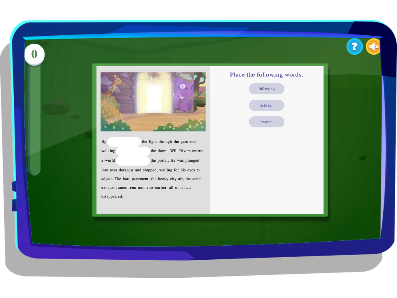 Penguin's Paragraphs, a challenge on Night Zookeeper, displayed on tablet screen.