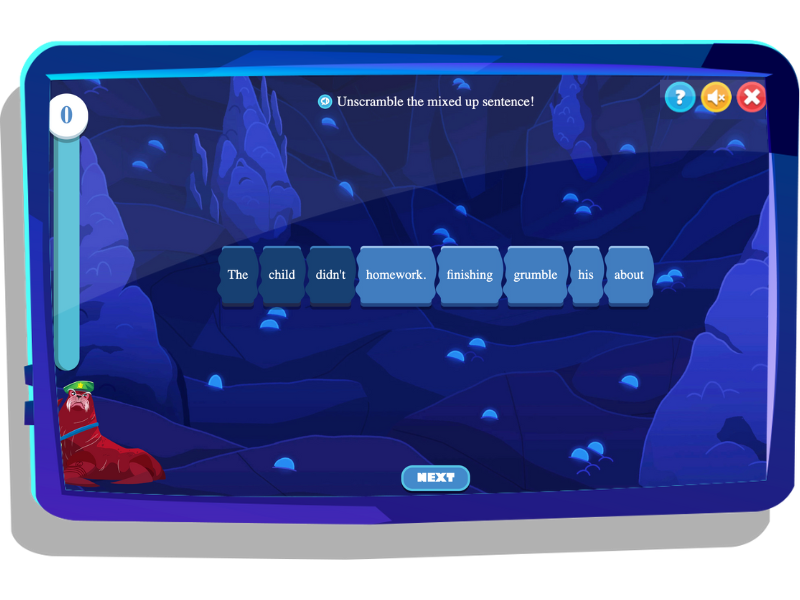 Sea Lion's Sentences, a challenge on Night Zookeeper, displayed on tablet screen.