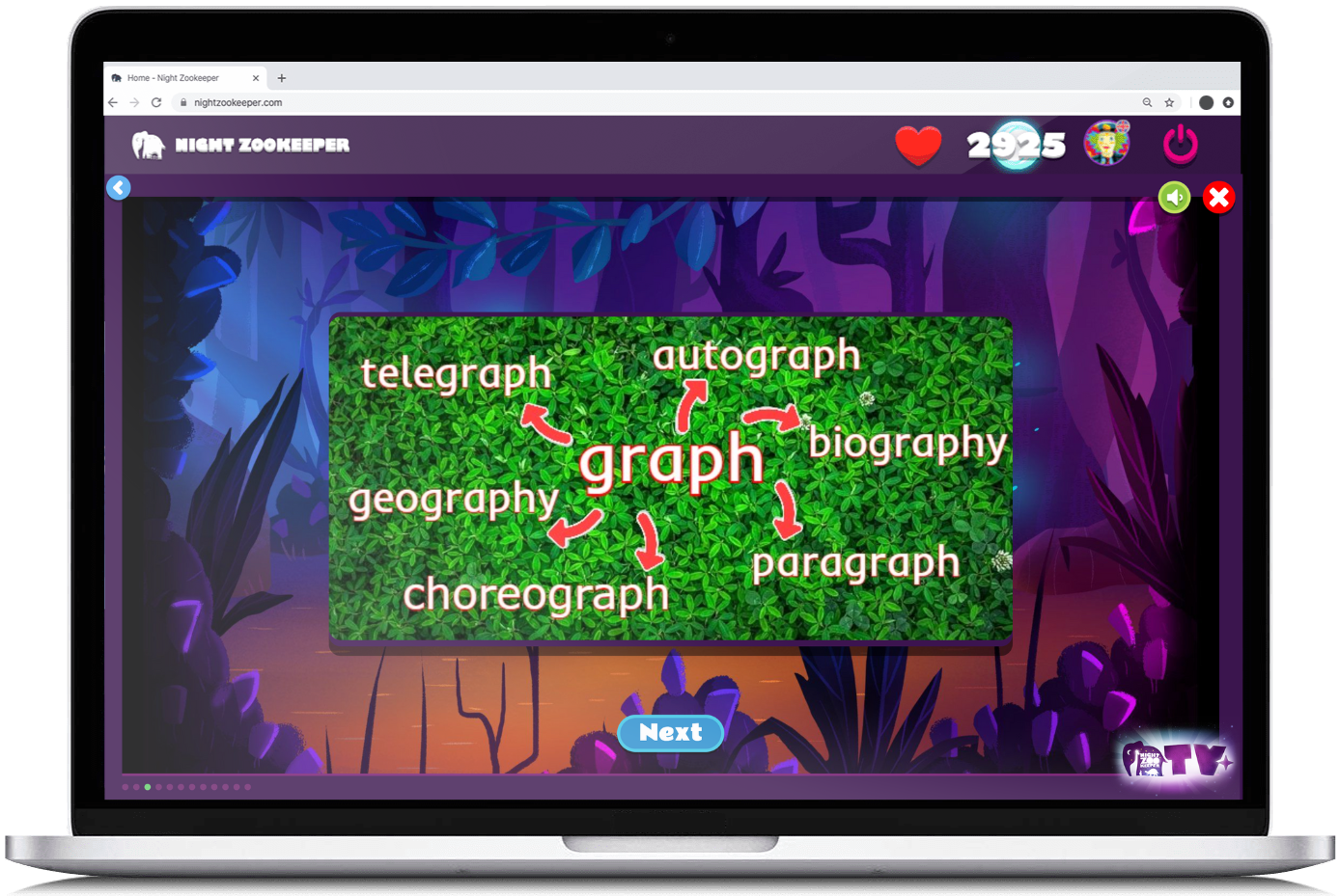 Word family lesson on Nightzookeeper.com, displayed on laptop screen.