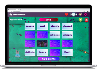 Word Pairs, a game on Night Zookeeper, displayed on laptop screen.