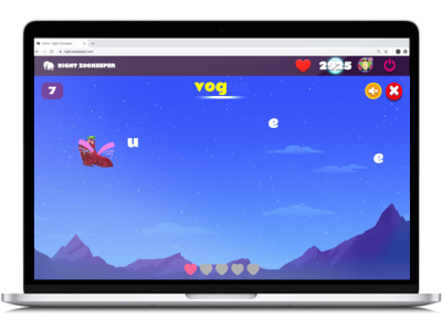 Word Wings, a game on Night Zookeeper, displayed on laptop screen.