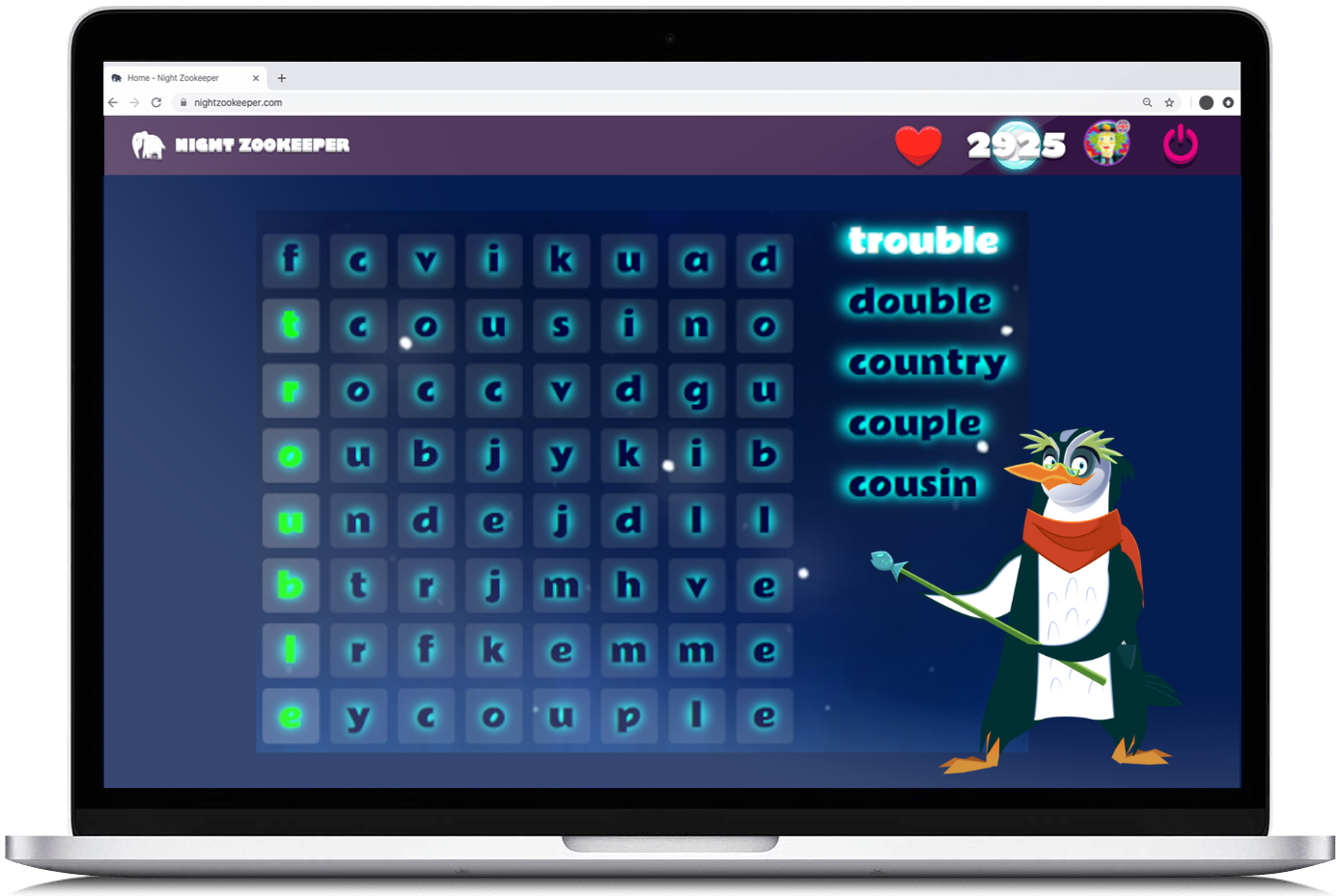 Word search game on Nightzookeeper.com, displayed on laptop screen.