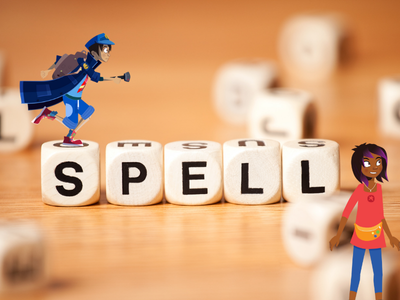 Spelling blocks saying 'SPELL' with Riya and Will.