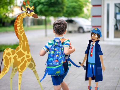 Child running with a rucksack, with Sam and Will.
