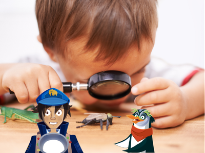 A child looking through a magnifying glass at a beetle, with Will and Professor Penguin.