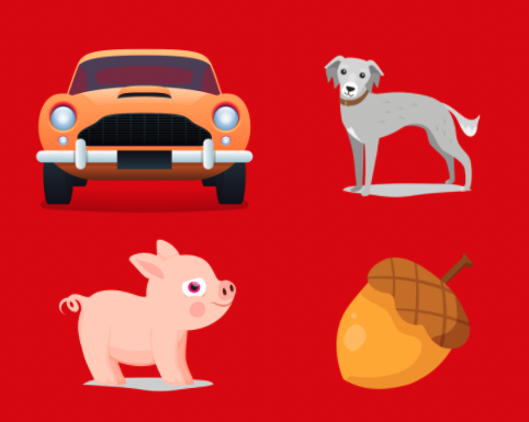 A car, dog, pig, and lemon