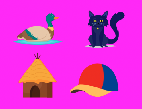 A duck, cat, hut, and hat