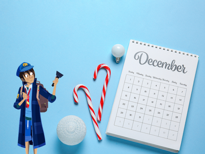 Night Zookeeper Will shining torch on December calendar with candy canes. 