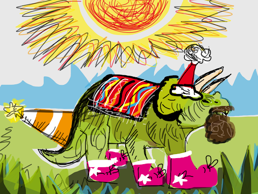 A dinosaur with hats on 