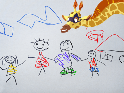 A child's drawing of a family, with Sam the Giraffe.