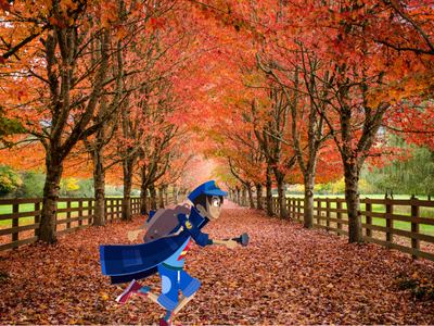 Night Zookeeper Will running through autumn leaves and trees.