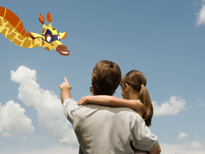 Father holding child and pointing at the sky, where Sam the giraffe is looking down. 