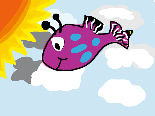 Drawing of a fish flying