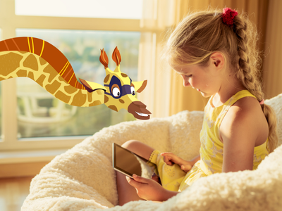 Girl on tablet with Night Zookeeper Sam the Giraffe.