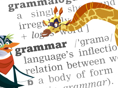 Professor Penguin and Sam the Giraffe over dictionary entry for grammar.