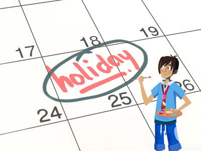 Night Zookeeper Will with paintbrush in front of calendar with 'Holiday' circled on 25.