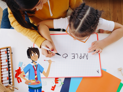 Child and mother writing Apple on a whiteboard, with Will.