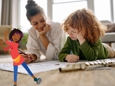 Child and mother filling in worksheets together.