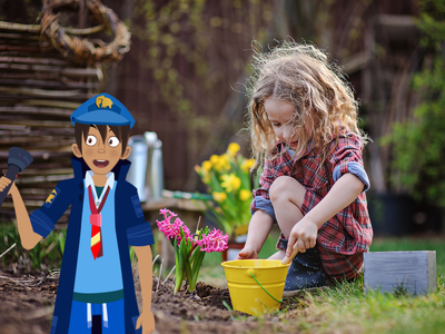Child crouching on floor gardening with a bucket, with Will.
