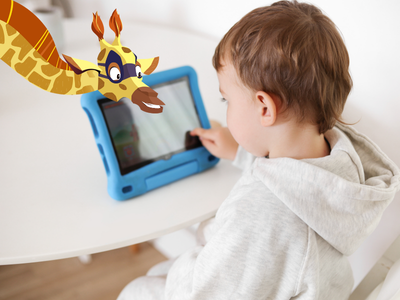 Child looking at tablet and pressing a button, with Sam the Giraffe.