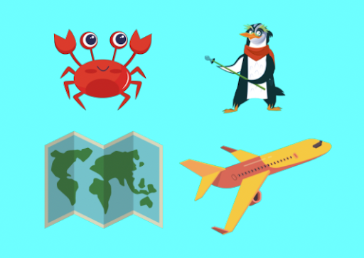 Crab, airplane, penguin, and map