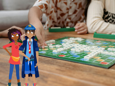 Scrabble board with letter tiles and 2 pairs of hands reaching to play.