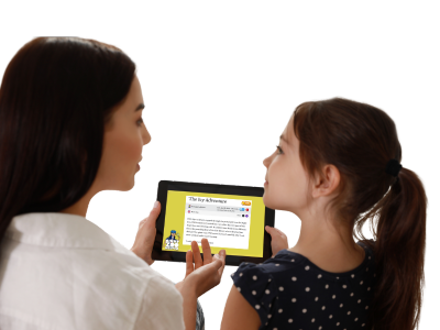 Mother and child reading Night Zookeeper piece of writing on a tablet.