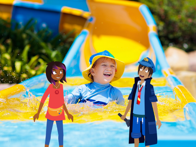 Child at end of water slide smiling with Riya and Will.