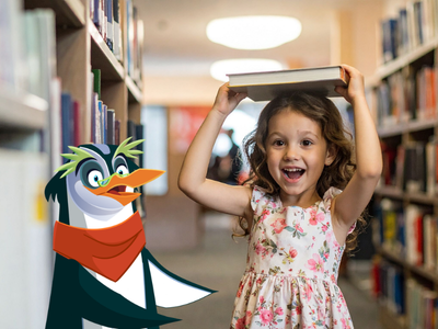 Happy child holding book on her head in a library with Professor Penguin. 