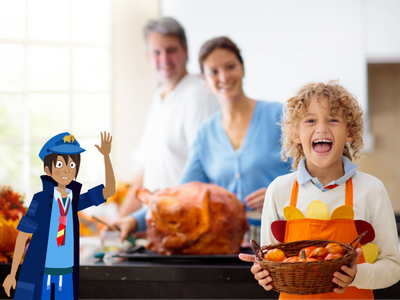 Family cooking Thanksgiving dinner, with child grinning holding a basket of food.