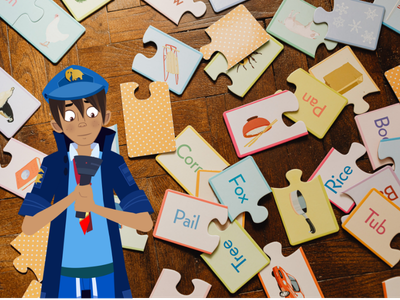 Jigsaw pieces with vocabulary words on them, with Will looking at his torch.