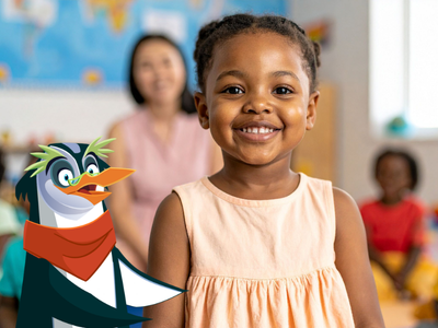 Child standing in classroom smiling, with Professor Penguin.