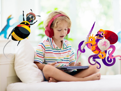 Child with headphones using tablet with Night Zookeeper characters septapus and bee.