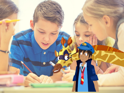 Children writing together with Night Zookeeper Will and Sam.