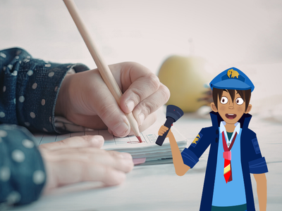 Night Zookeeper Will looking at a child's hand holding a pencil, writing in a notebook. 