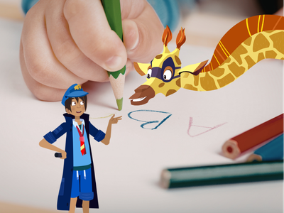 Night Zookeeper Sam and Will, looking at a child's hand writing the alphabet. 