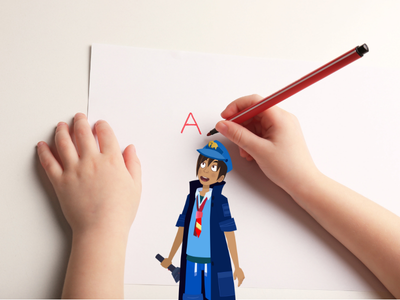 Night Zookeeper Will looking at piece of paper with a child's hand writing the letter 'A'.